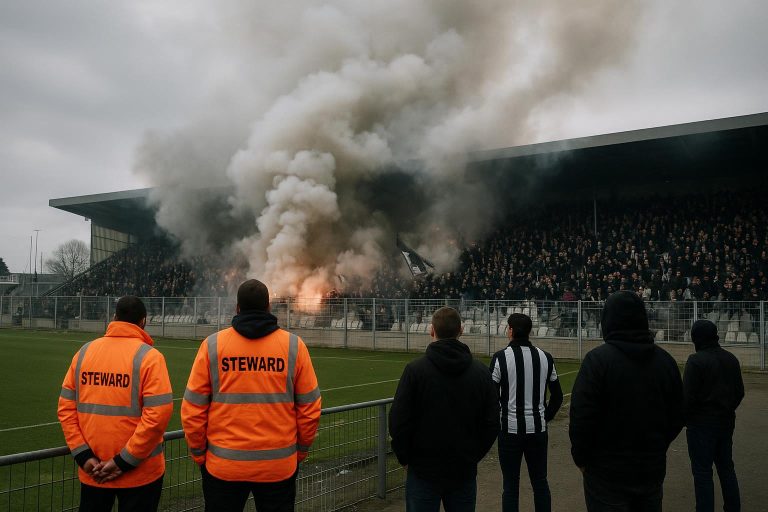 Vuurwerk en rook in een stadion tijdens een duel met Sporting Charleroi in beeld
