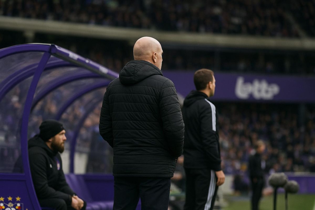 Sfeervol beeld aan de zijlijn in het Lotto Park tijdens de zoektocht naar een nieuwe coach bij RSC Anderlecht