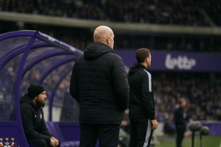 Sfeervol beeld aan de zijlijn in het Lotto Park tijdens de zoektocht naar een nieuwe coach bij RSC Anderlecht