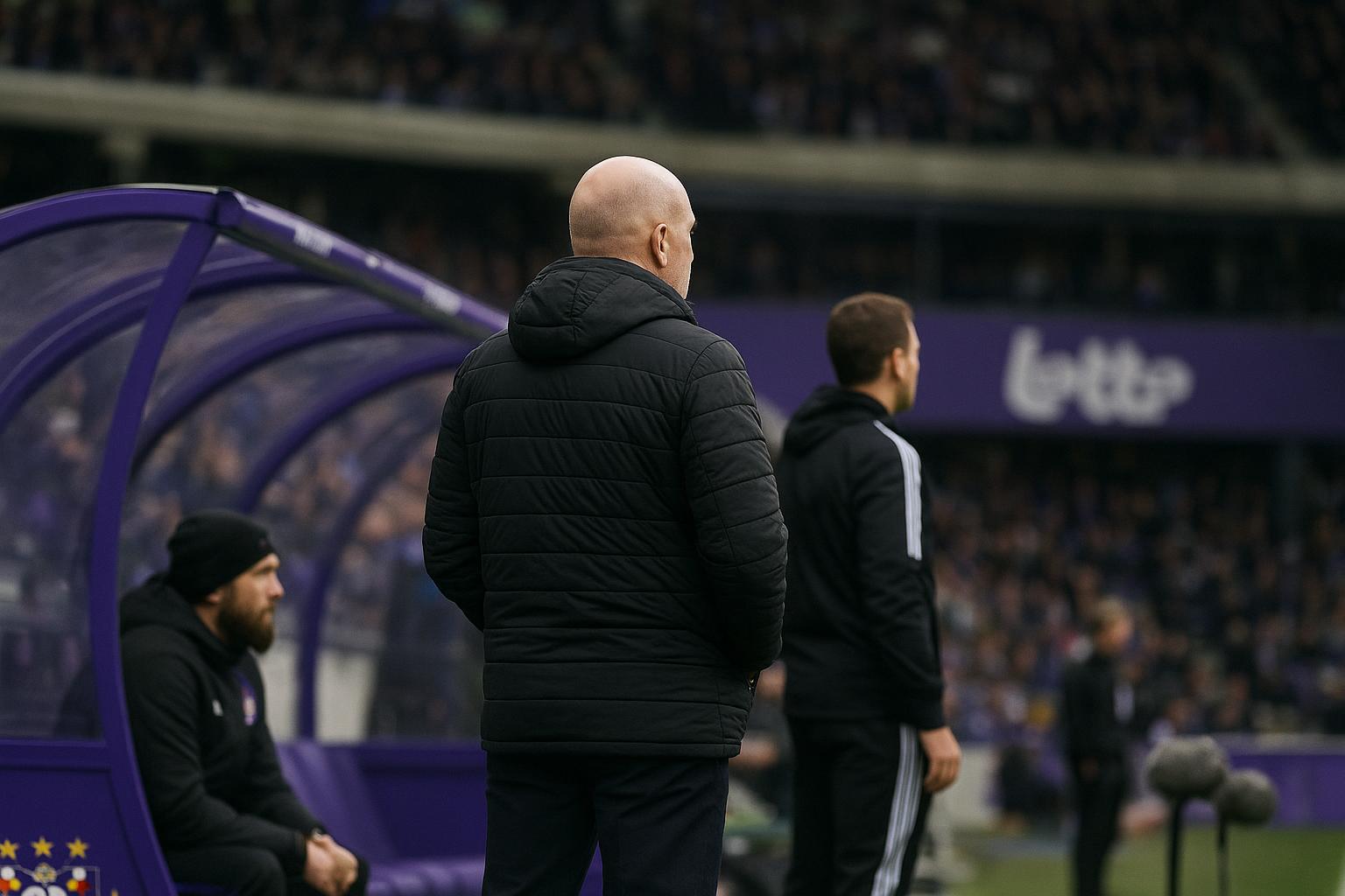 Sfeervol beeld aan de zijlijn in het Lotto Park tijdens de zoektocht naar een nieuwe coach bij RSC Anderlecht