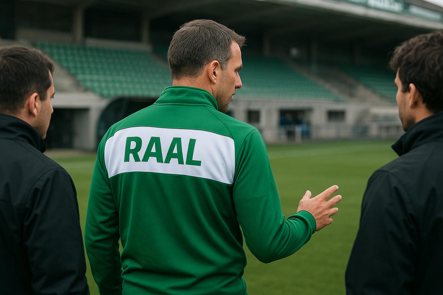 Frédéric Taquin van La Louvière langs de zijlijn tijdens een wedstrijdcontext