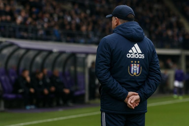 Besnik Hasi langs de zijlijn bij RSC Anderlecht tijdens een wedstrijdmoment