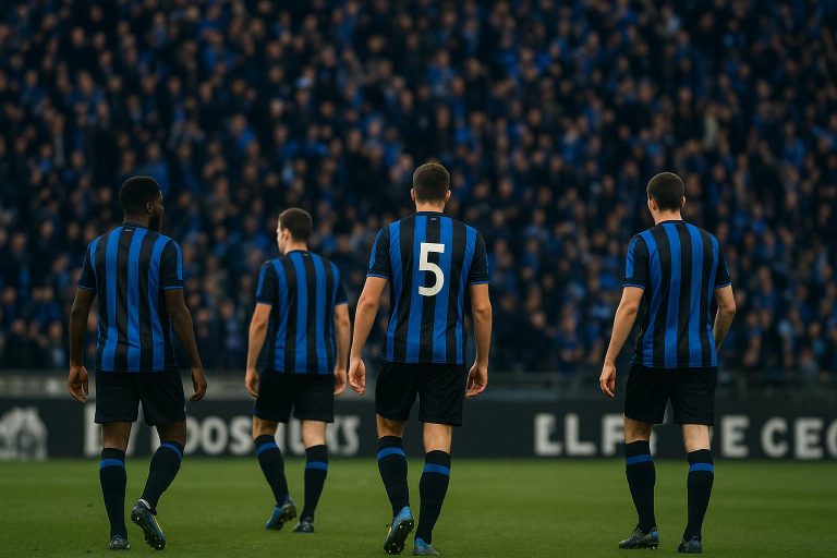 Spelers van Club Brugge vieren een doelpunt in het stadion