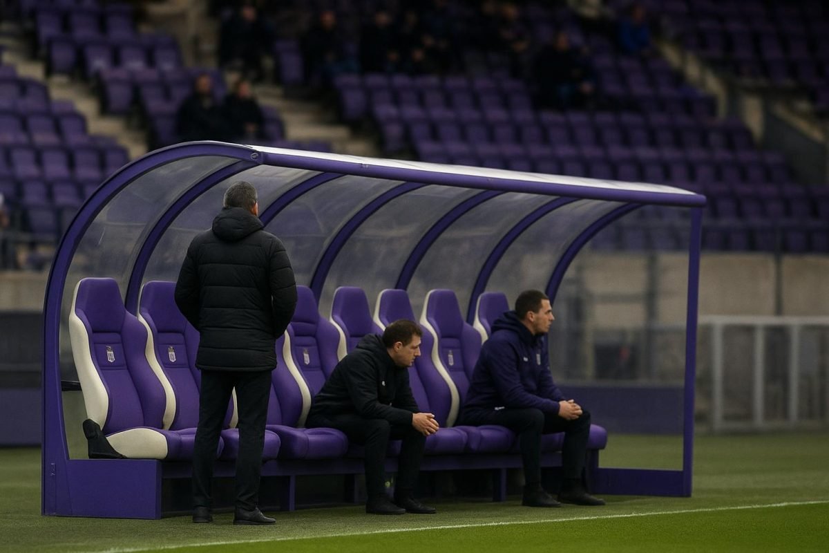 Zicht op het Lotto Park met de bankzone van RSC Anderlecht tijdens een training of opwarmmoment