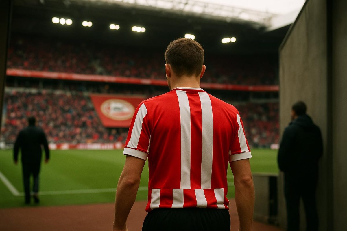 Sfeerbeeld rond een transfercontext met PSV als achtergrond, zonder herkenbare gezichten