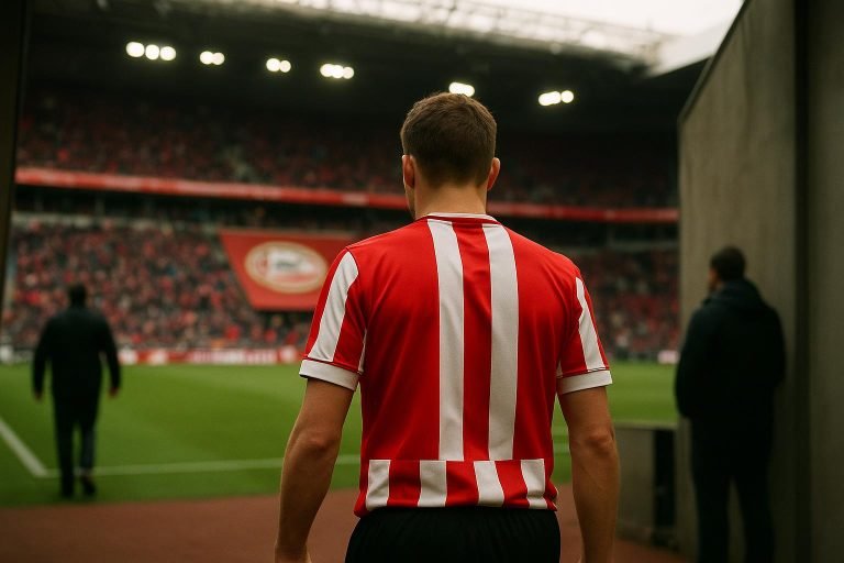 Sfeerbeeld rond een transfercontext met PSV als achtergrond, zonder herkenbare gezichten