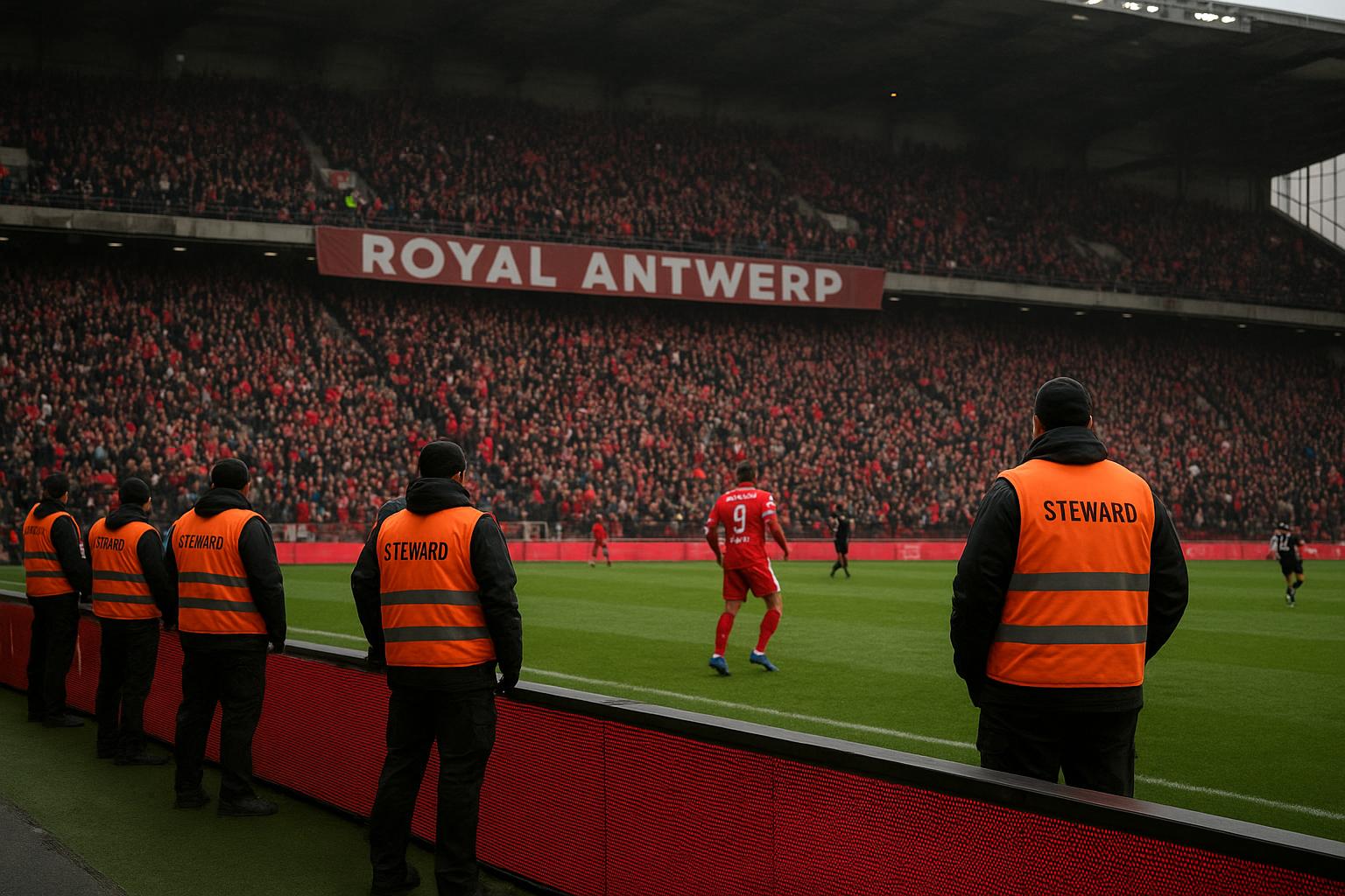 Supportersvakken op de Bosuil tijdens Antwerp tegen Anderlecht in de beker, met stewards langs de omheining