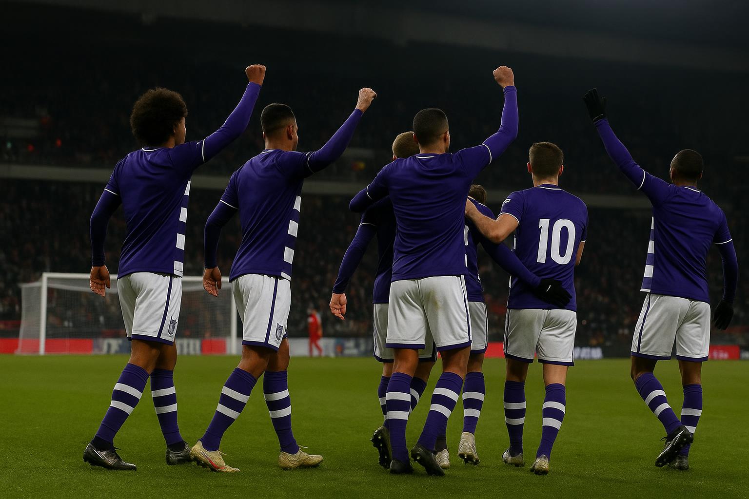 Anderlechtspelers vieren een doelpunt op de Bosuil tegen Antwerp in de Croky Cup.