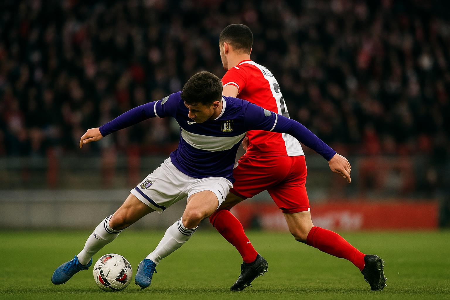 Nathan De Cat van Anderlecht in actie op het middenveld op de Bosuil tegen Antwerp