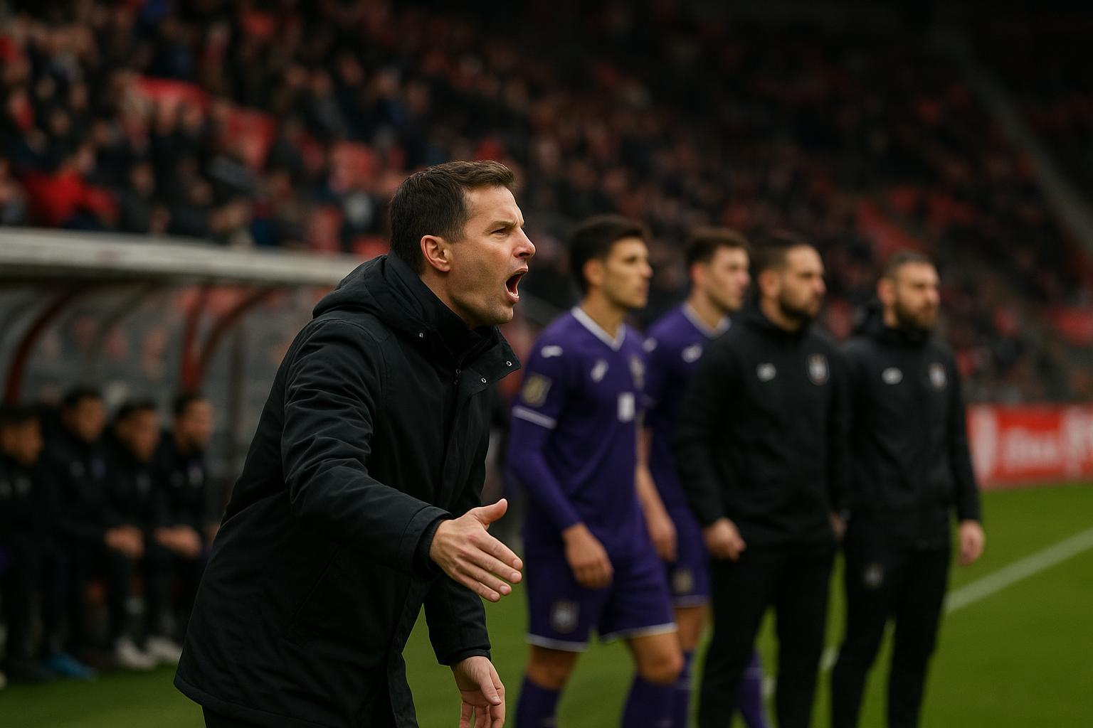 Jรฉrรฉmy Taravel langs de zijlijn tijdens Antwerp tegen RSC Anderlecht op de Bosuil