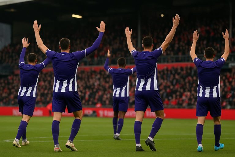Spelers van RSC Anderlecht vieren op de Bosuil na de 0-4-zege tegen Antwerp in de beker.