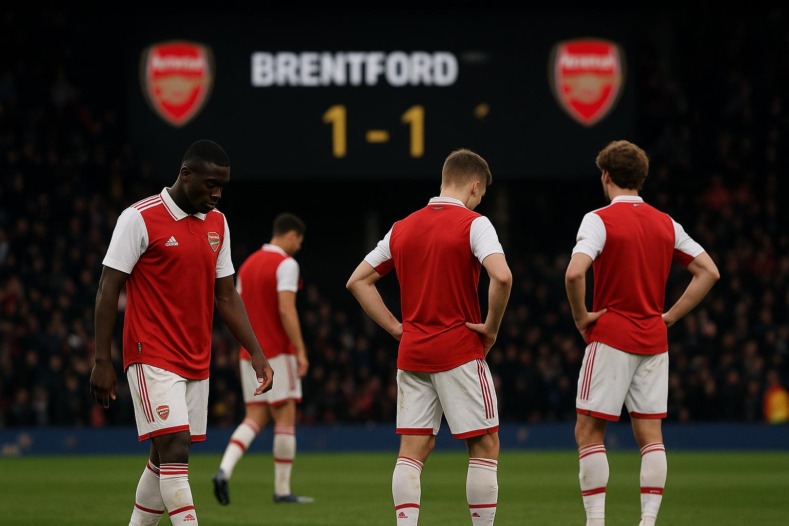 Arsenal-spelers stappen van het veld na het gelijkspel bij Brentford in de Premier League.