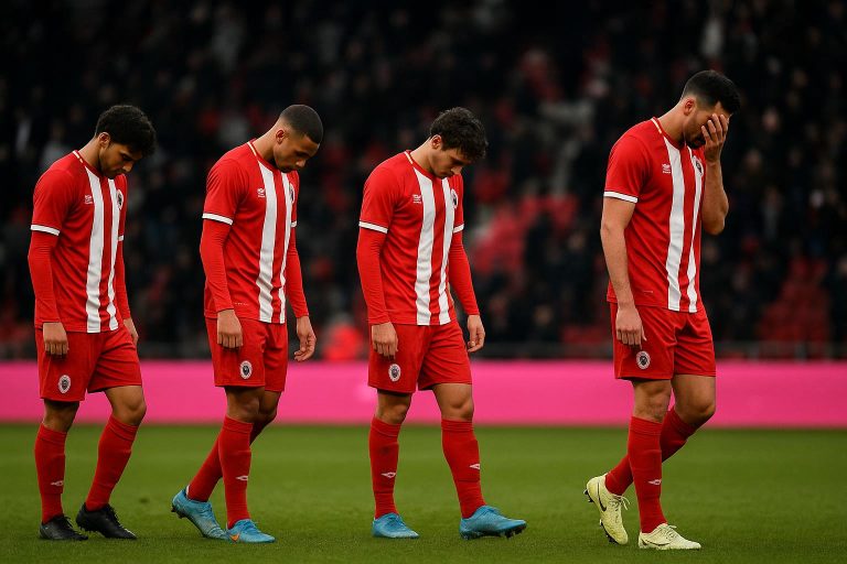 Teleurgestelde spelers van Royal Antwerp FC na een zware nederlaag in het stadion