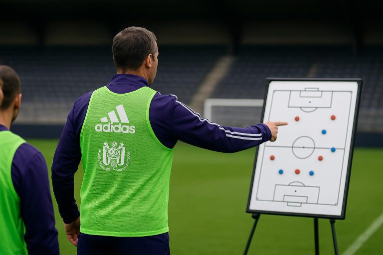 Jérémy Taravel in Anderlecht-context langs het veld, met focus op stafwerking