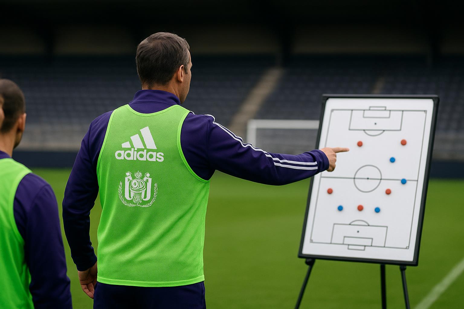Jérémy Taravel in Anderlecht-context langs het veld, met focus op stafwerking