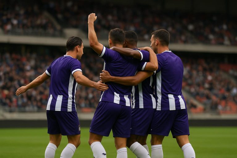 Spelers van Anderlecht vieren na een doelpunt tijdens een wedstrijd