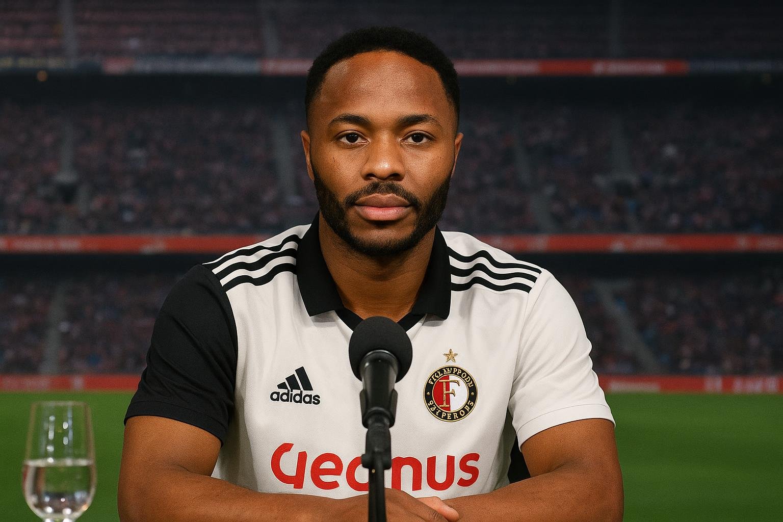 Raheem Sterling tijdens een persmoment bij Feyenoord in De Kuip