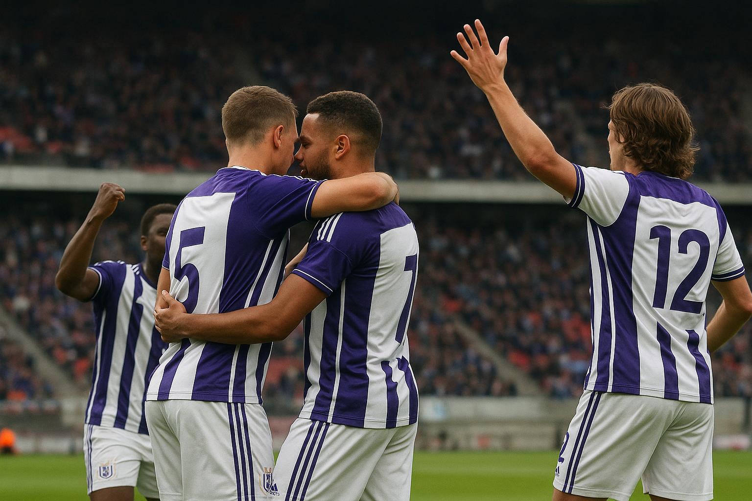 Nathan De Cat viert na de 0-4-zege van RSC Anderlecht op Royal Antwerp FC