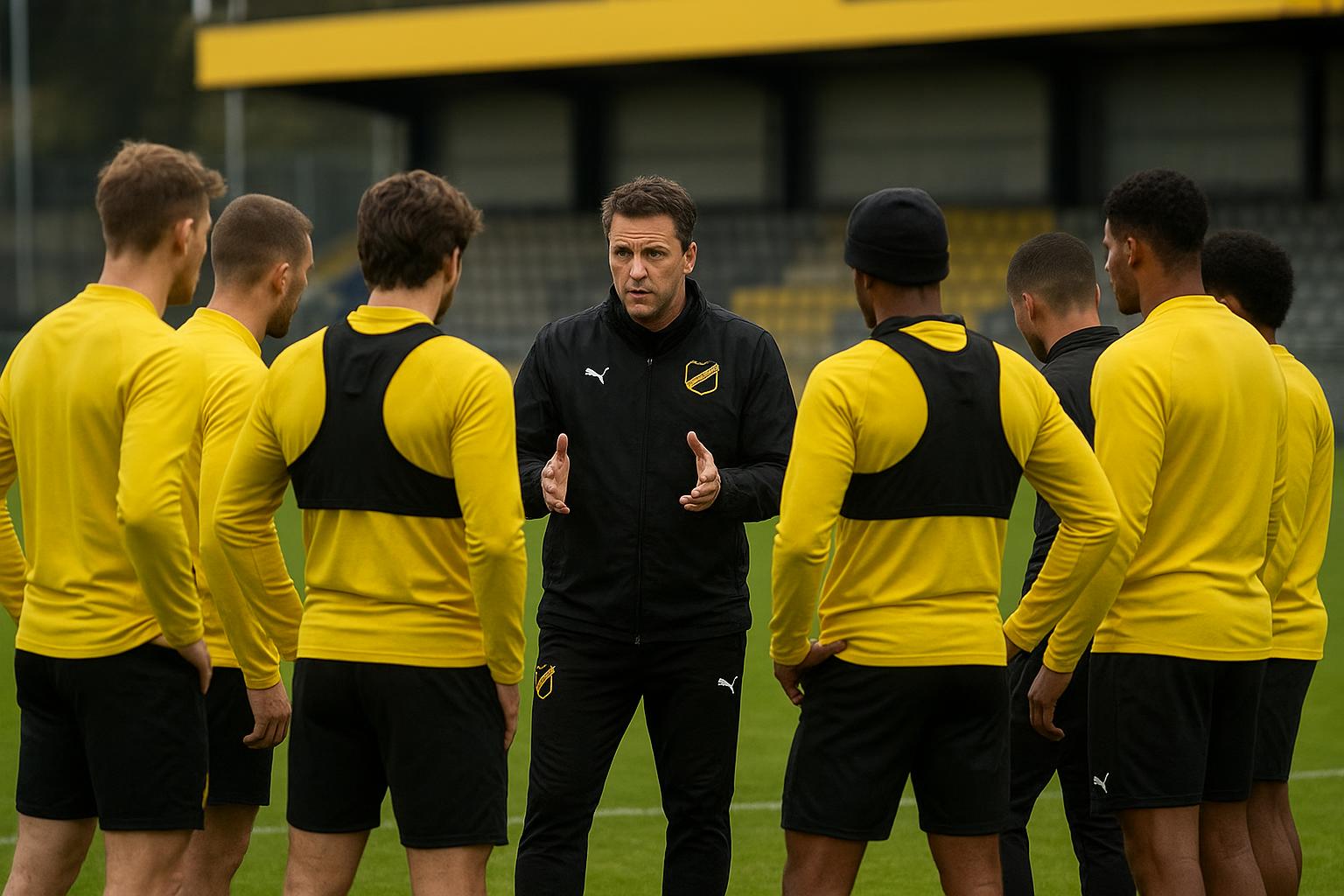 Training van NAC Breda met spelers en staf op het veld, zonder herkenbare gezichten