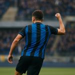 Nicolo Tresoldi van Club Brugge viert een doelpunt in de Jupiler Pro League.