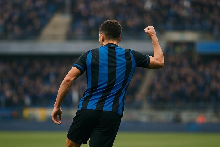 Nicolo Tresoldi van Club Brugge viert een doelpunt in de Jupiler Pro League.