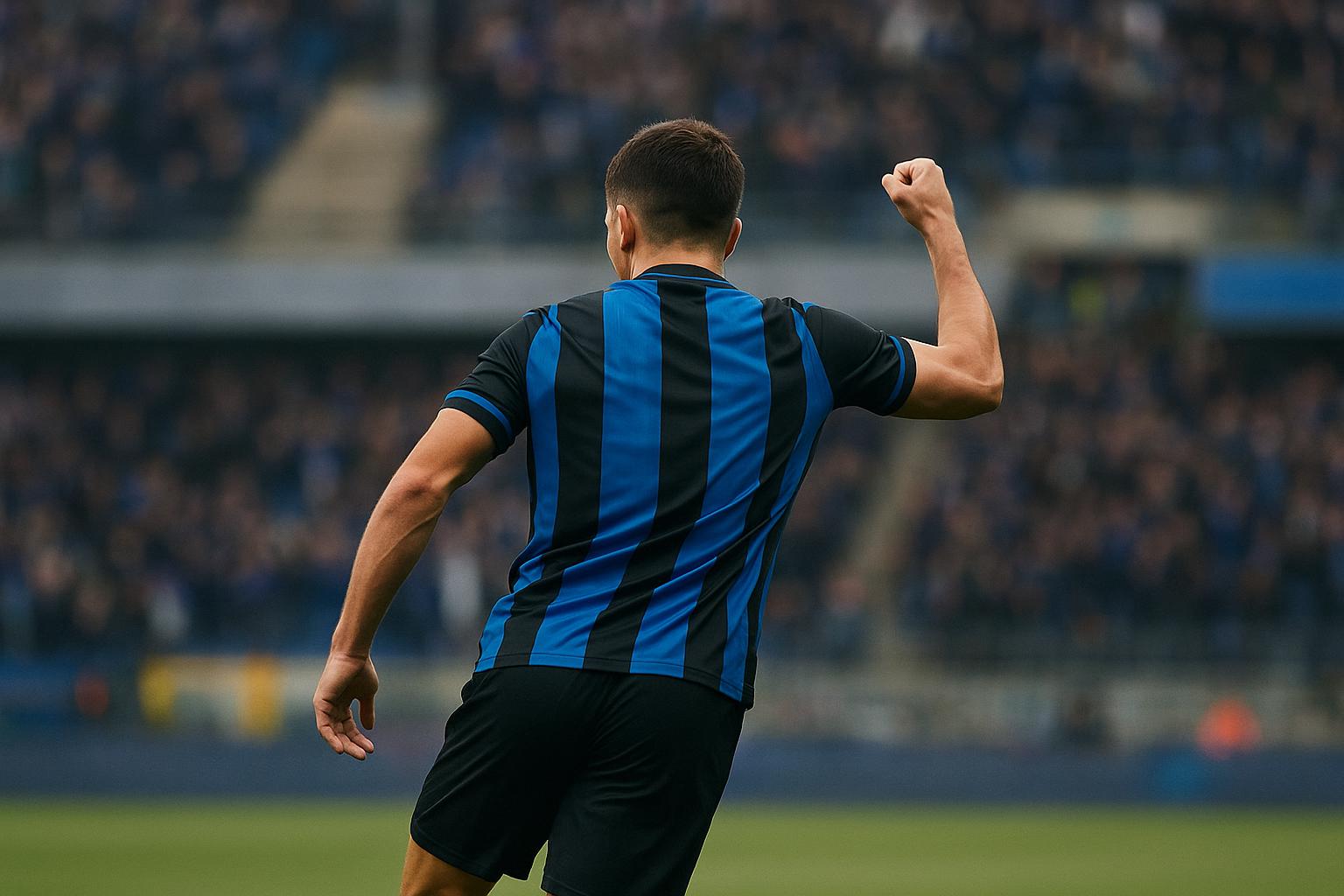 Nicolo Tresoldi van Club Brugge viert een doelpunt in de Jupiler Pro League.