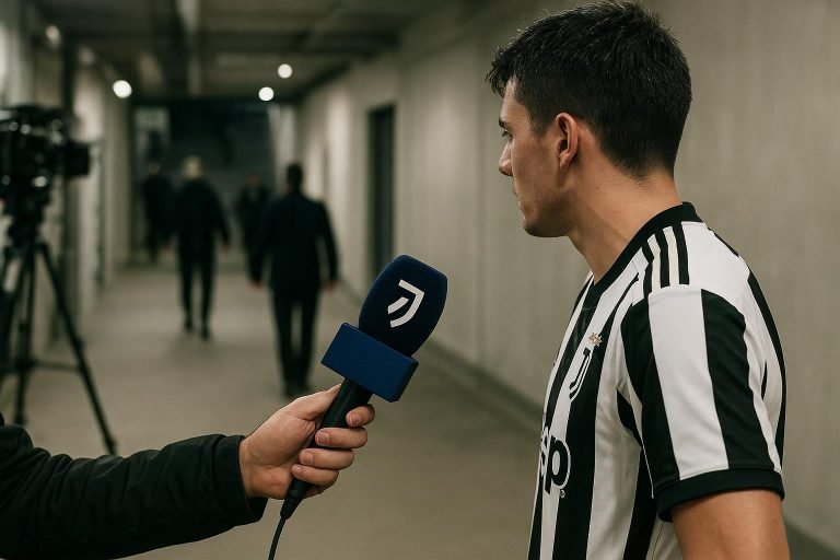Gemengde zone bij Juventus na een wedstrijd, met een coach en een journaliste in gesprek zonder herkenbare gezichten.
