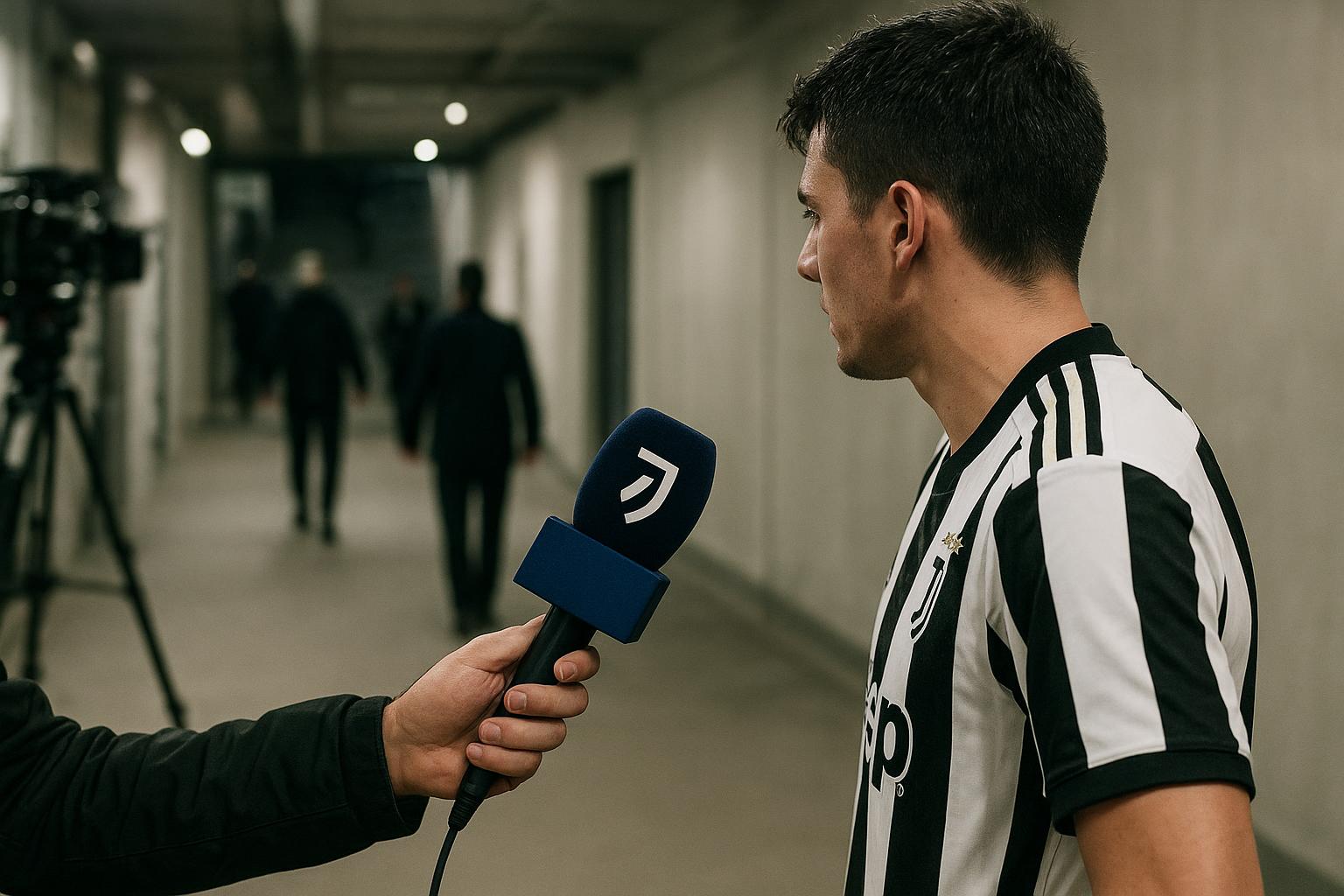 Gemengde zone bij Juventus na een wedstrijd, met een coach en een journaliste in gesprek zonder herkenbare gezichten.