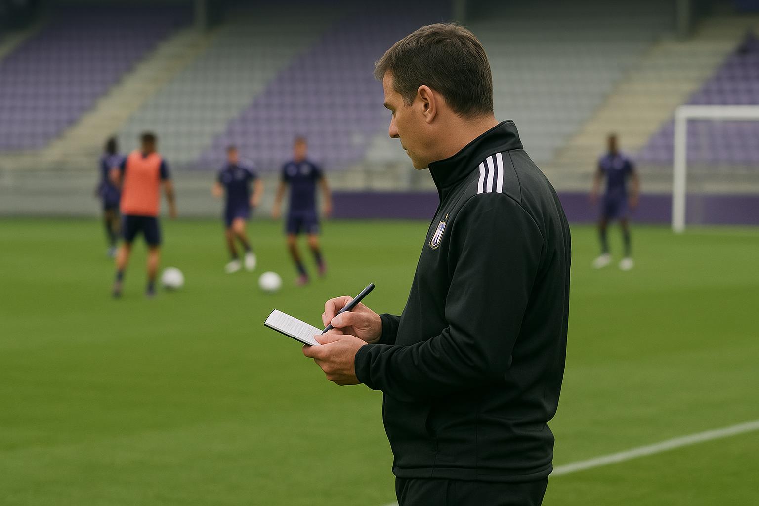 Trainingcontext bij RSC Anderlecht met staf op de achtergrond, zonder herkenbare gezichten