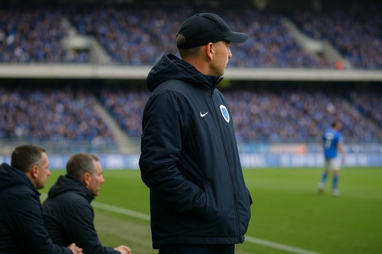Nicky Hayen langs de zijlijn bij KRC Genk tijdens een competitiewedstrijd