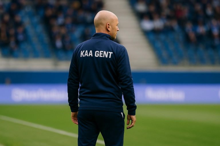 Rik De Mil langs de zijlijn bij KAA Gent tijdens een wedstrijdmoment