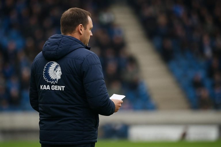 Rik De Mil langs de zijlijn in een wedstrijdcontext bij KAA Gent