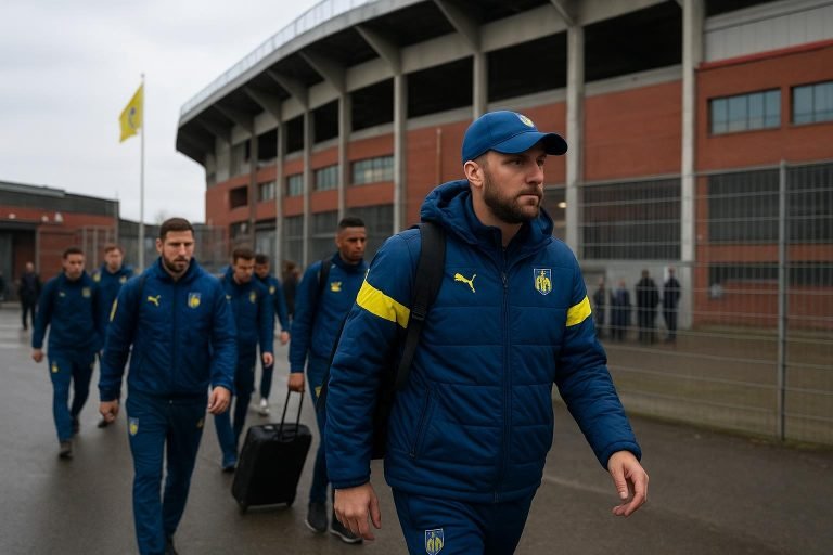 Spelers van KVC Westerlo stappen op de bus voor de verplaatsing naar Antwerp.