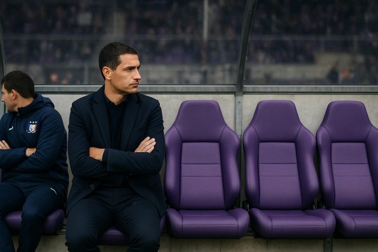 Zicht op de bankzone in het Lotto Park tijdens een training van RSC Anderlecht