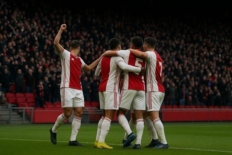 Spelers van Ajax vieren een doelpunt in het stadion, met supporters op de achtergrond.