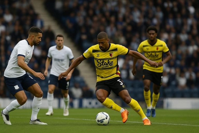 Watford in actie op bezoek bij Preston tijdens het 2-2-gelijkspel bij het debuut van Ed Still