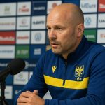 Wouter Vrancken van STVV tijdens een persmoment in aanloop naar de match tegen Zulte Waregem