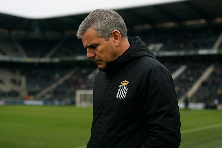 Hans Cornelis coacht Sporting Charleroi langs de zijlijn in het Stade du Pays de Charleroi