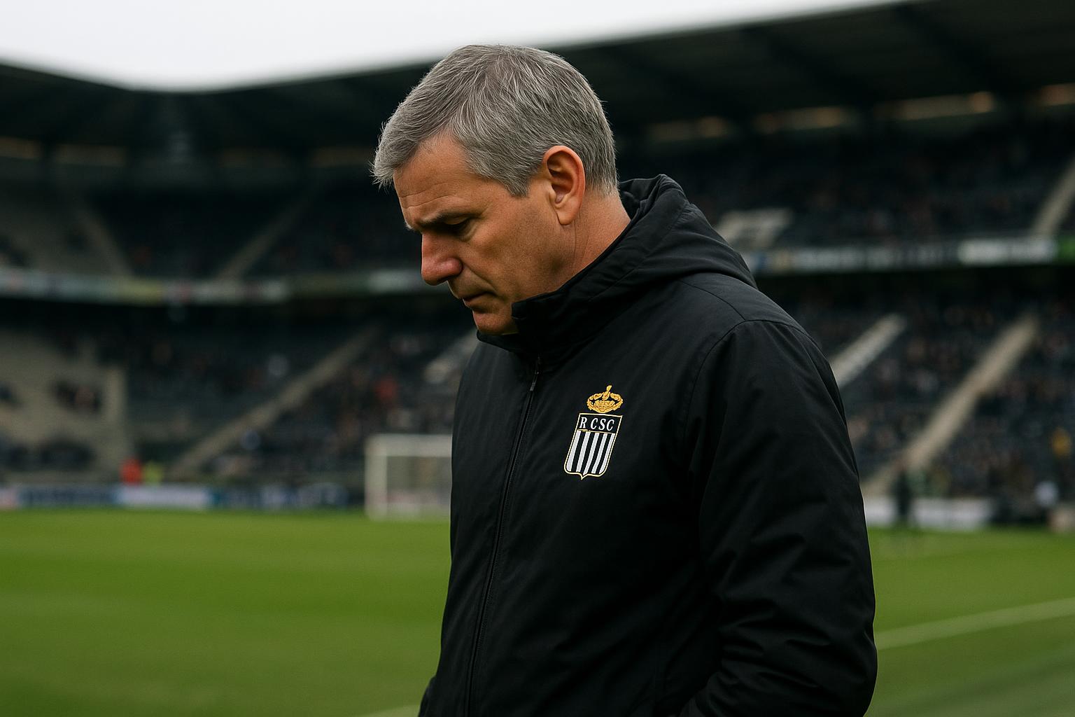 Hans Cornelis coacht Sporting Charleroi langs de zijlijn in het Stade du Pays de Charleroi