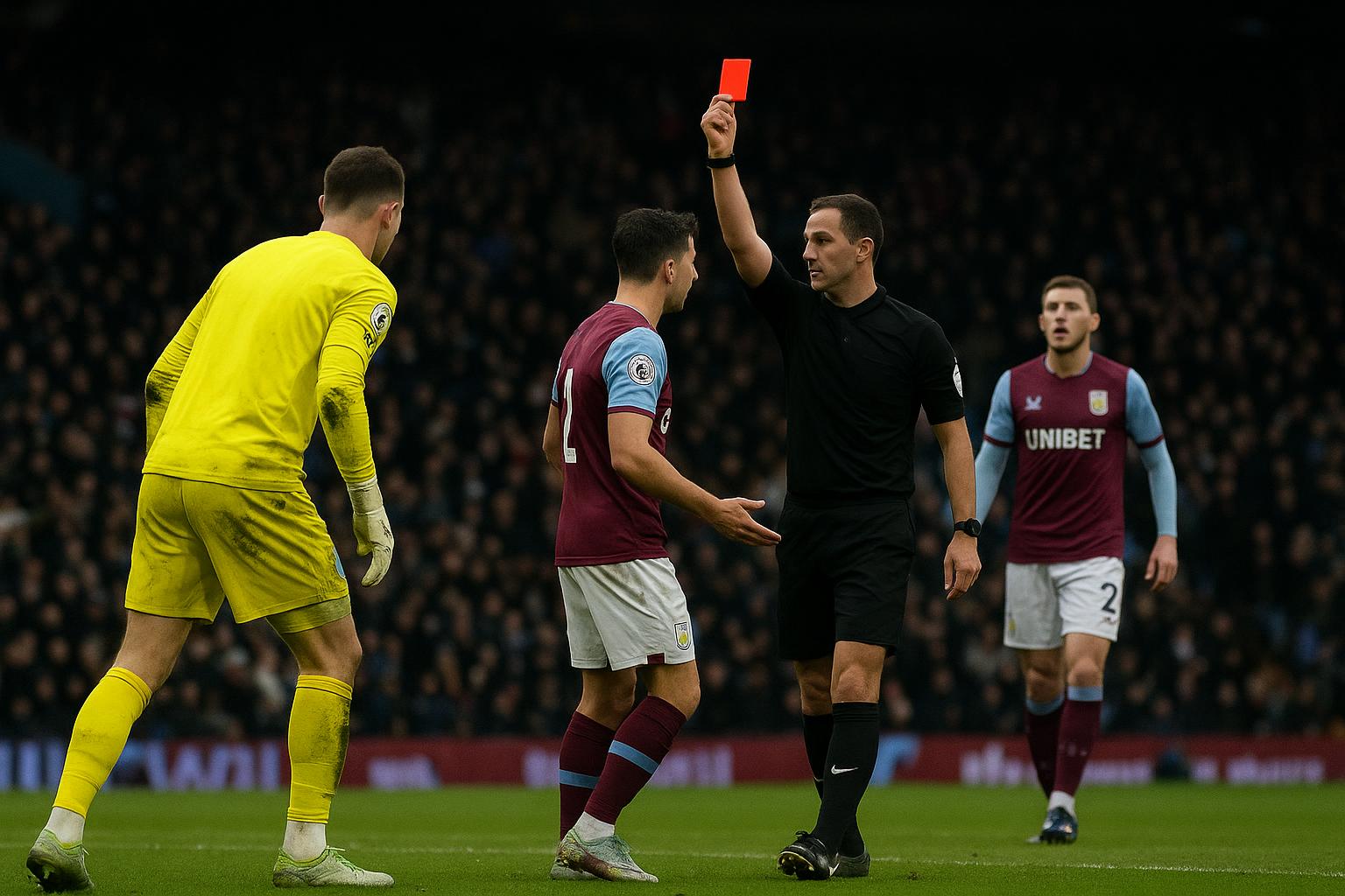 Aston Villa-doelman Marco Bizot verlaat het veld na een rode kaart in het FA Cup-duel met Newcastle United.
