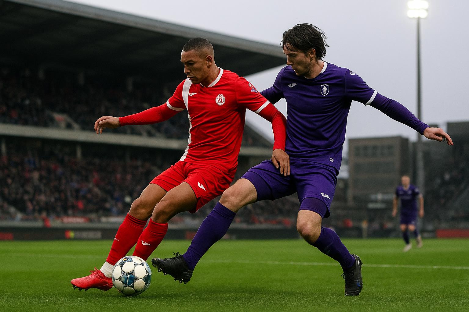 Spelers van KV Kortrijk en Beerschot in duel tijdens de topper in het Guldensporenstadion