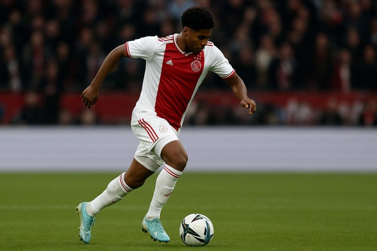 Rayane Bounida in actie in het shirt van Ajax tijdens een wedstrijd