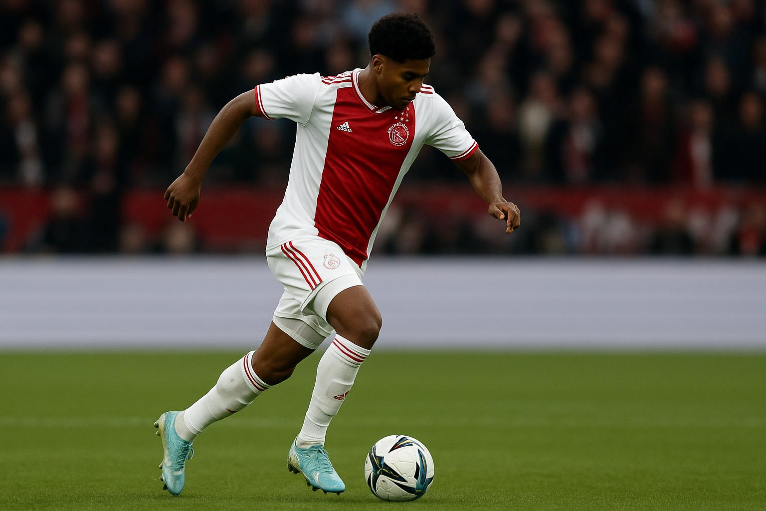 Rayane Bounida in actie in het shirt van Ajax tijdens een wedstrijd