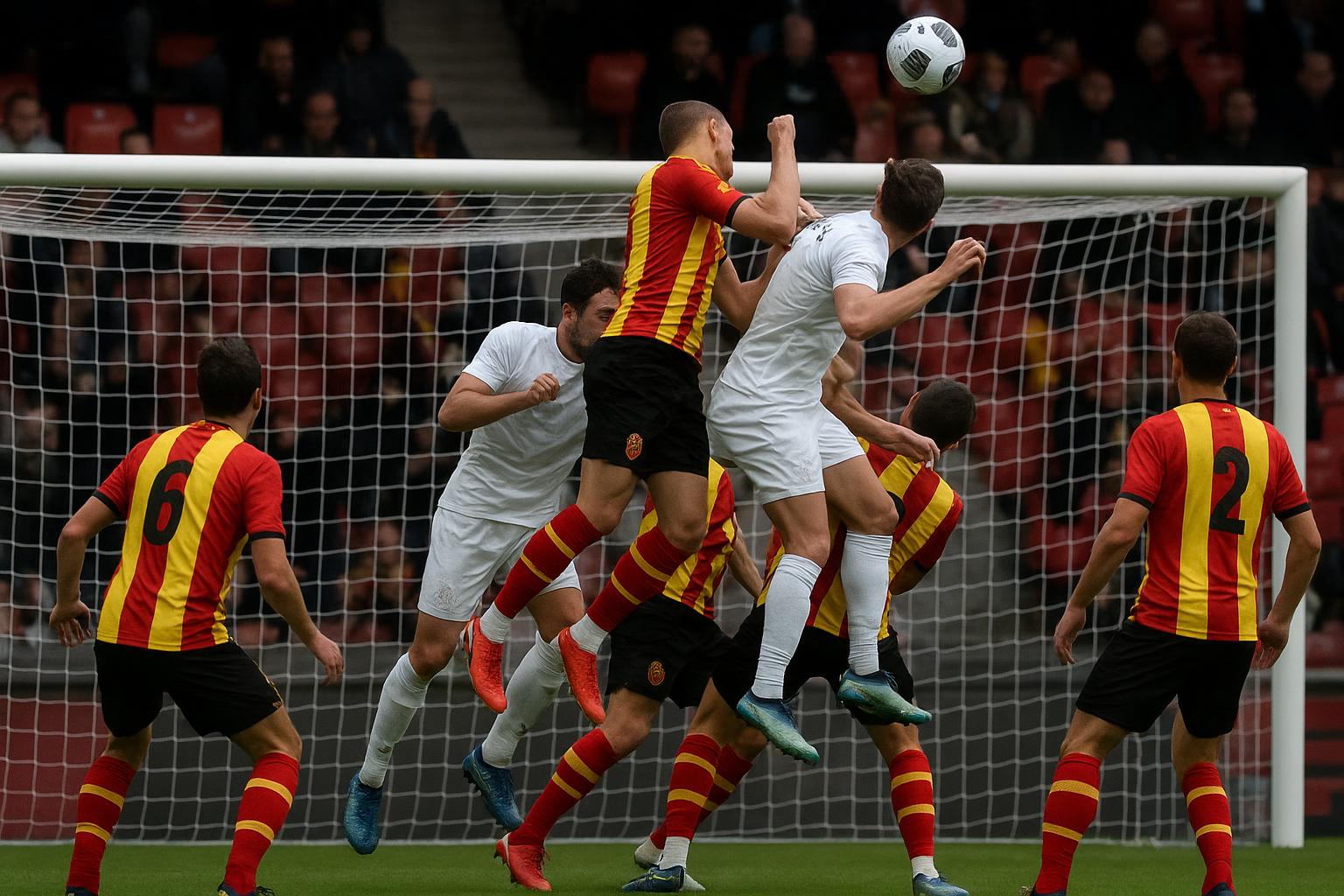 Spelers van KV Mechelen en KRC Genk in duel bij een stilstaande fase in Mechelen