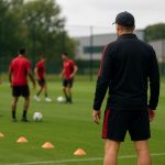 Rudi Garcia volgt een trainingssessie van de Rode Duivels op de achtergrond