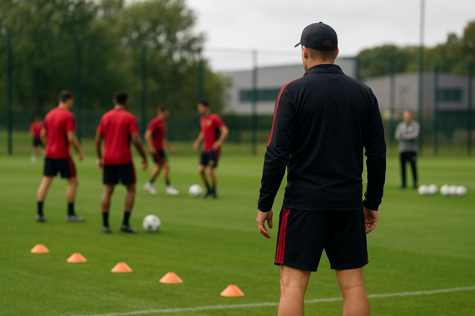 Rudi Garcia volgt een trainingssessie van de Rode Duivels op de achtergrond