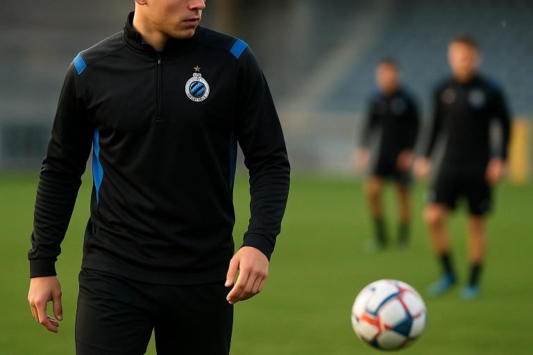 Trainingsbeeld bij Club Brugge met focus op jeugdspelers, zonder herkenbare gezichten