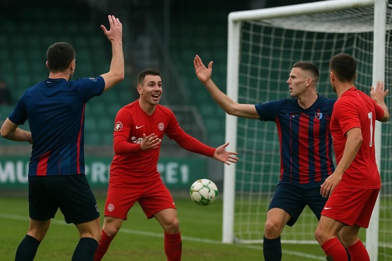 Spelmoment in OHL-FCV Dender EH met discussie over handspel na VAR-ingreep