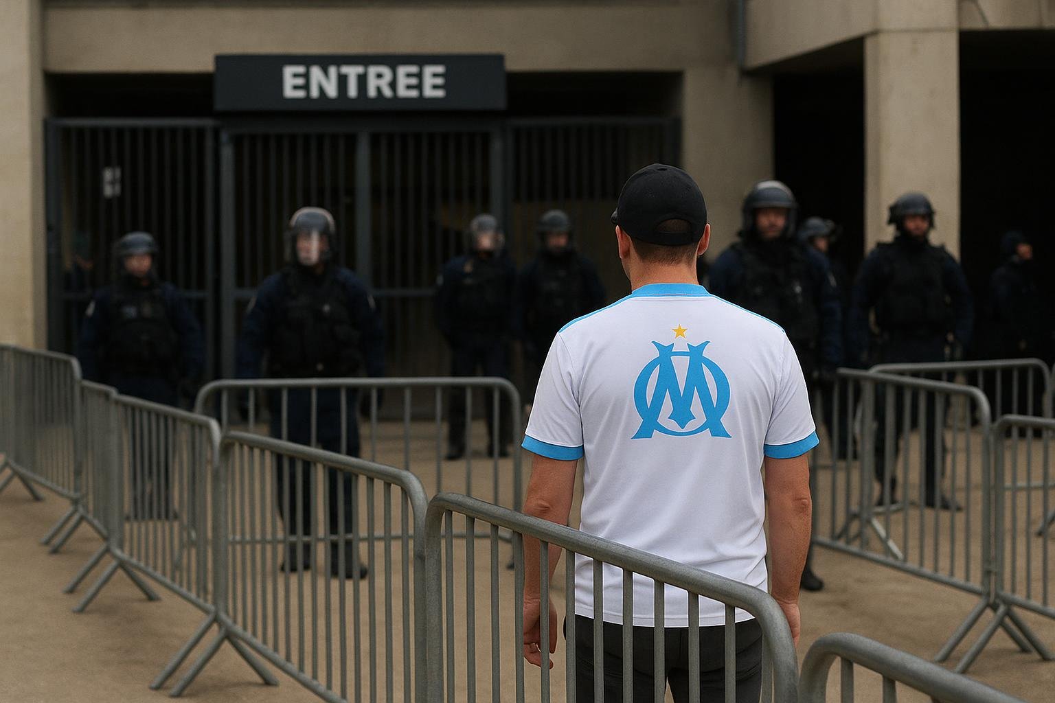 Politie aan een stadioningang van Olympique Marseille na onrust bij supporters