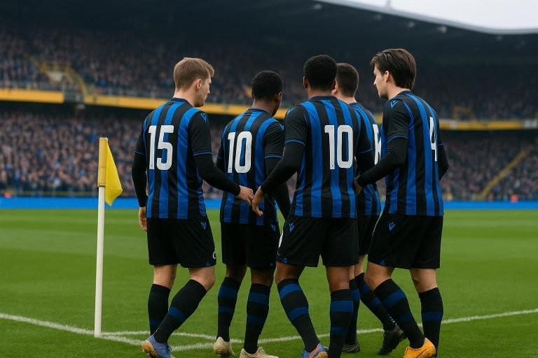 Spelers van Club Brugge verzamelen rond de cornervlag tijdens de derby tegen Cercle Brugge